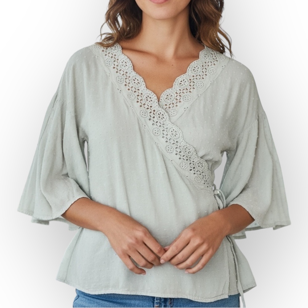 Entro Women’s Top Light Sage Green Boho Blouse with Crochet Eyelet Lace Trim M